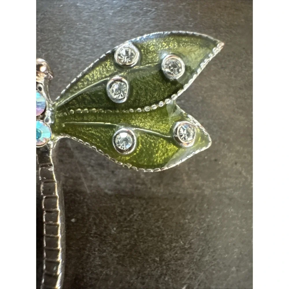 Green Enamel Dragonfly Brooch Pin Silver Color Retro Vintage Estate Boho